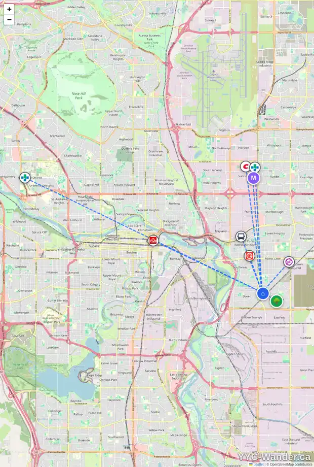 Daily accessibility map for 55 DOVER MEADOW CL SE, Calgary showing nearby schools, grocery stores, parks, LRT stations and nearby amenities