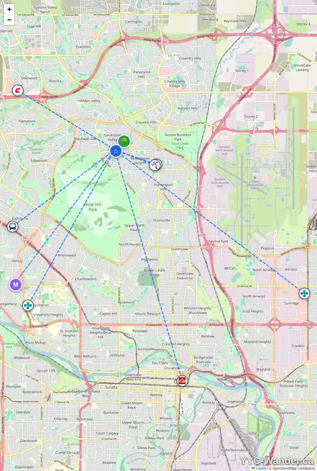Daily accessibility map for 76 SANDARAC WY NW, Calgary showing nearby schools, grocery stores, parks, LRT stations and nearby amenities