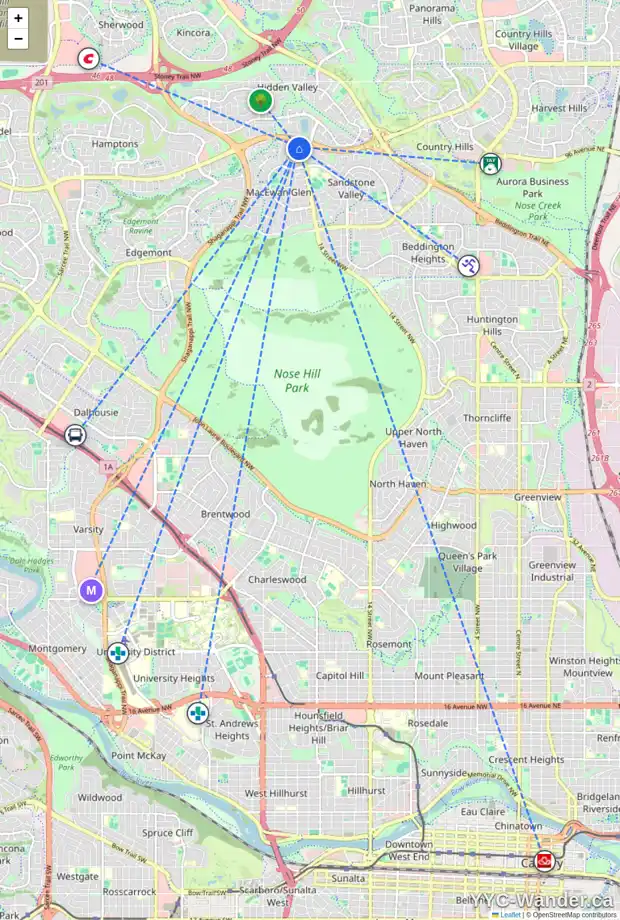 Daily accessibility map for 517 MACEWAN VALLEY RD NW, Calgary showing nearby schools, grocery stores, parks, LRT stations and nearby amenities