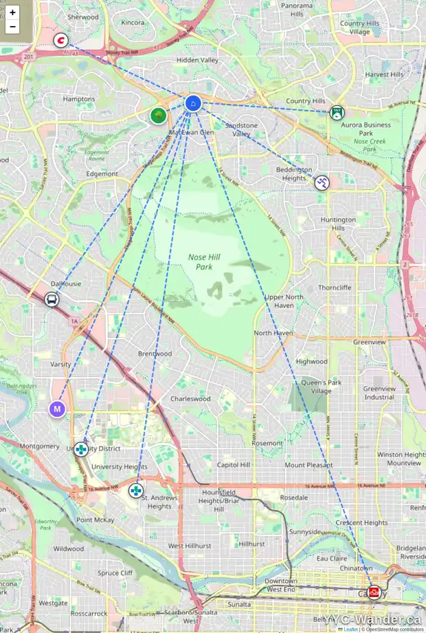 Daily accessibility map for 10 MACEWAN RIDGE PL NW, Calgary showing nearby schools, grocery stores, parks, LRT stations and nearby amenities