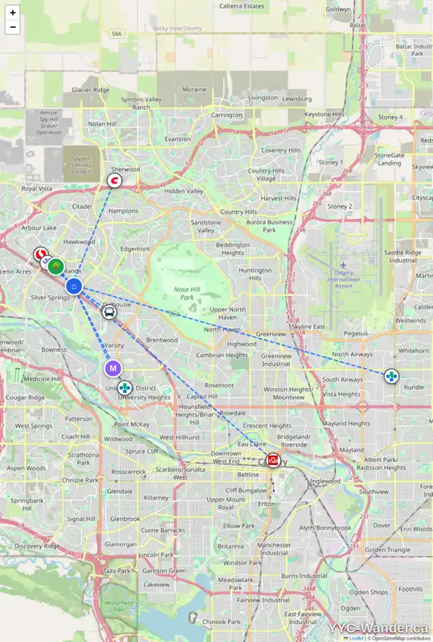 Daily accessibility map for 6395 RANCHVIEW DR NW, Calgary showing nearby schools, grocery stores, parks, LRT stations and nearby amenities