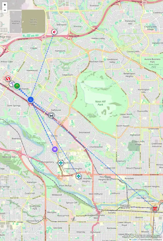 Daily accessibility map for 421 RANCHVIEW CO NW, Calgary showing nearby schools, grocery stores, parks, LRT stations and nearby amenities