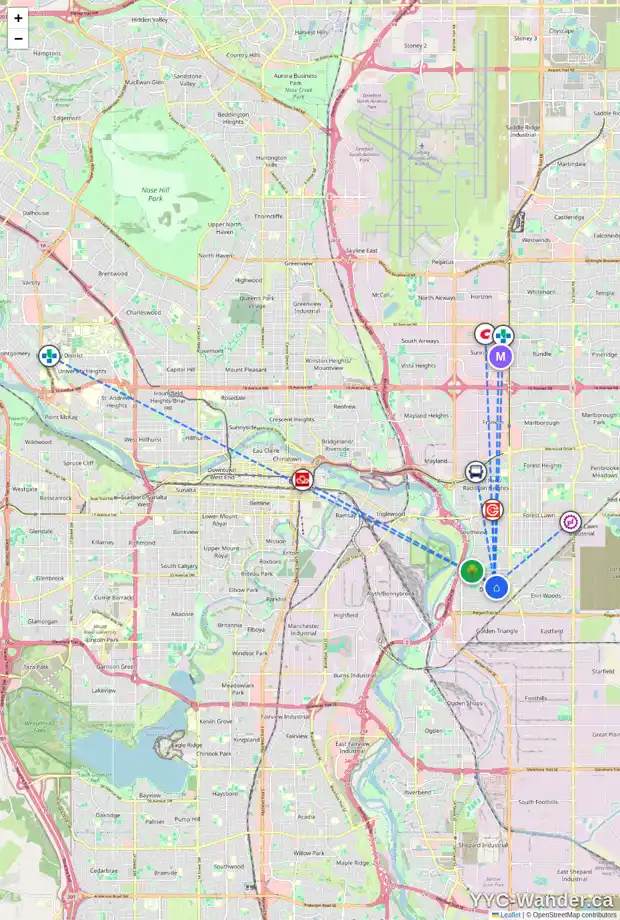 Daily accessibility map for 36 DOVER RIDGE PL SE, Calgary showing nearby schools, grocery stores, parks, LRT stations and nearby amenities