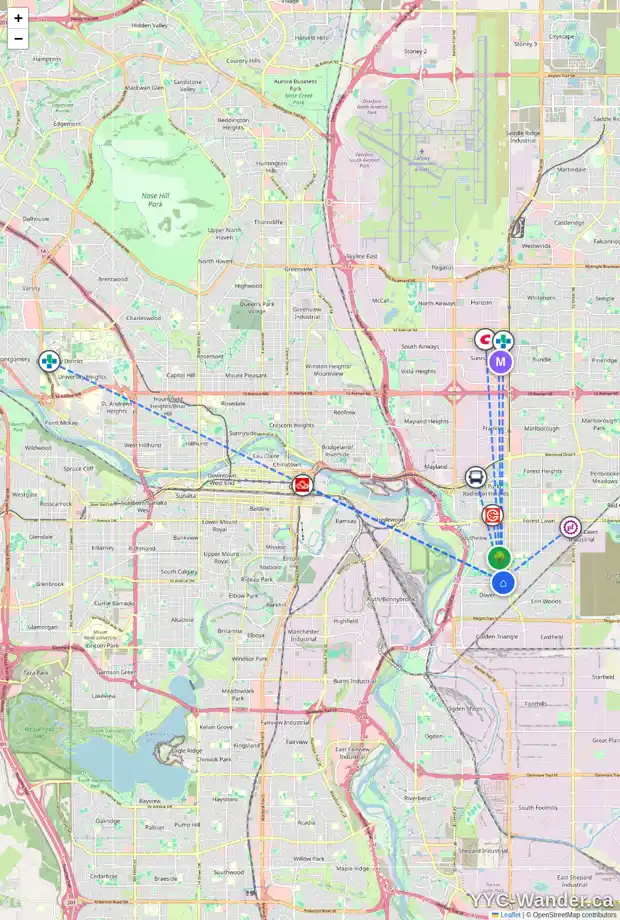 Daily accessibility map for 3416 33A AV SE, Calgary showing nearby schools, grocery stores, parks, LRT stations and nearby amenities
