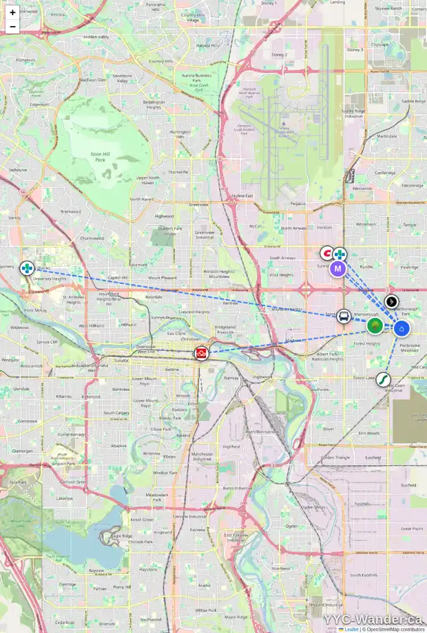 Daily accessibility map for 5555 MADDOCK DR NE, Calgary showing nearby schools, grocery stores, parks, LRT stations and nearby amenities