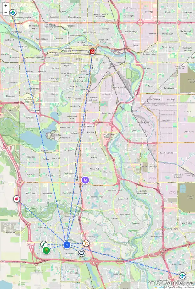 Daily accessibility map for 100 SHAWFIELD WY SW, Calgary showing nearby schools, grocery stores, parks, LRT stations and nearby amenities