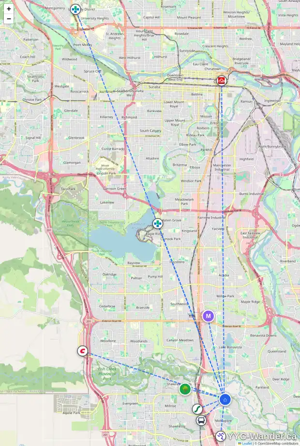 Daily accessibility map for 32 MIDRIDGE CL SE, Calgary showing nearby schools, grocery stores, parks, LRT stations and nearby amenities