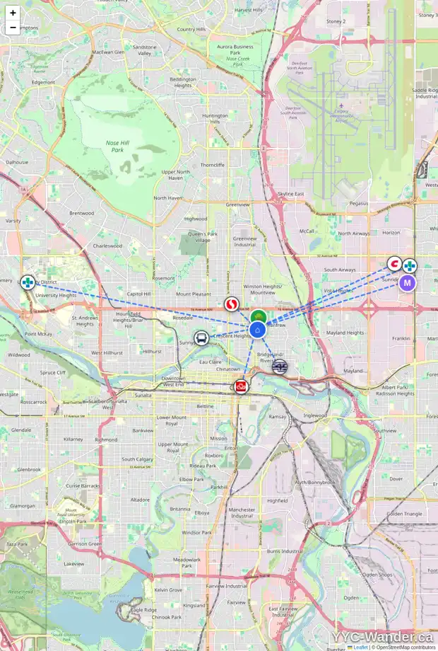 Daily accessibility map for 606 10 AV NE, Calgary showing nearby schools, grocery stores, parks, LRT stations and nearby amenities