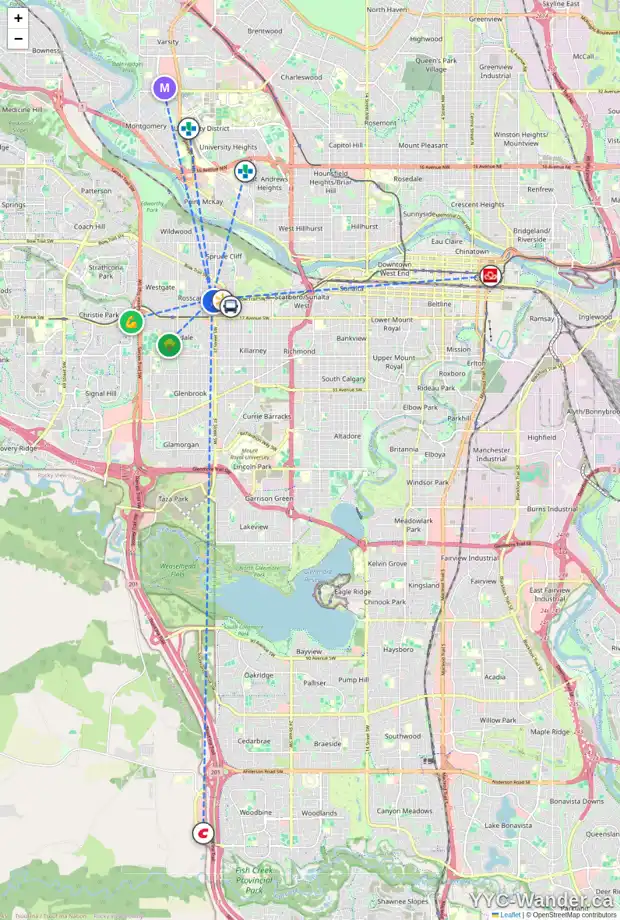 Daily accessibility map for 3817 13 AV SW, Calgary showing nearby schools, grocery stores, parks, LRT stations and nearby amenities