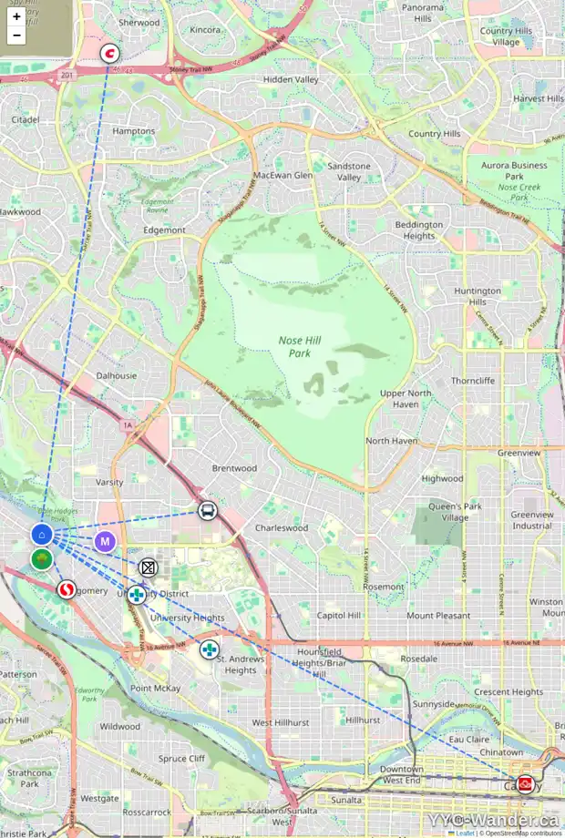 Daily accessibility map for 6032 BOWWATER CR NW, Calgary showing nearby schools, grocery stores, parks, LRT stations and nearby amenities