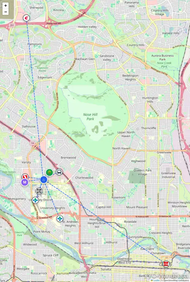 Daily accessibility map for 2 VARAL PL NW, Calgary showing nearby schools, grocery stores, parks, LRT stations and nearby amenities