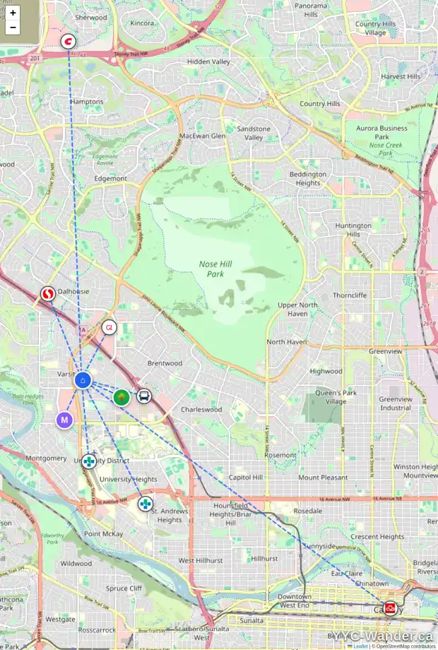 Daily accessibility map for 4416 VANDERGRIFT CR NW, Calgary showing nearby schools, grocery stores, parks, LRT stations and nearby amenities