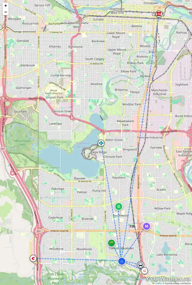 Daily accessibility map for 102 CANDLE TC SW, Calgary showing nearby schools, grocery stores, parks, LRT stations and nearby amenities