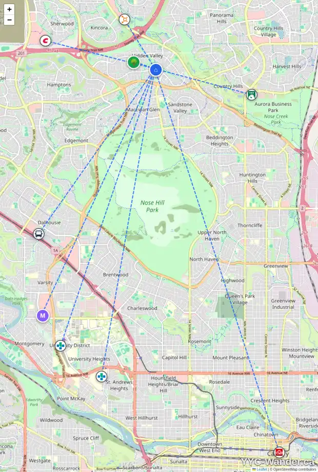 Daily accessibility map for 104 HIDDEN VALLEY LD NW, Calgary showing nearby schools, grocery stores, parks, LRT stations and nearby amenities