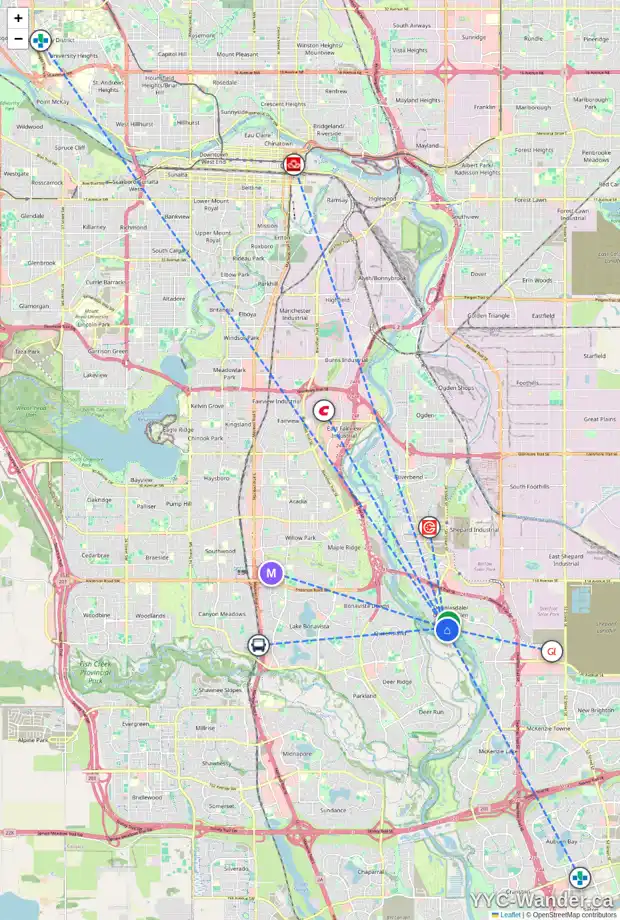 Daily accessibility map for 200 DOUGLAS SHORE CL SE, Calgary showing nearby schools, grocery stores, parks, LRT stations and nearby amenities