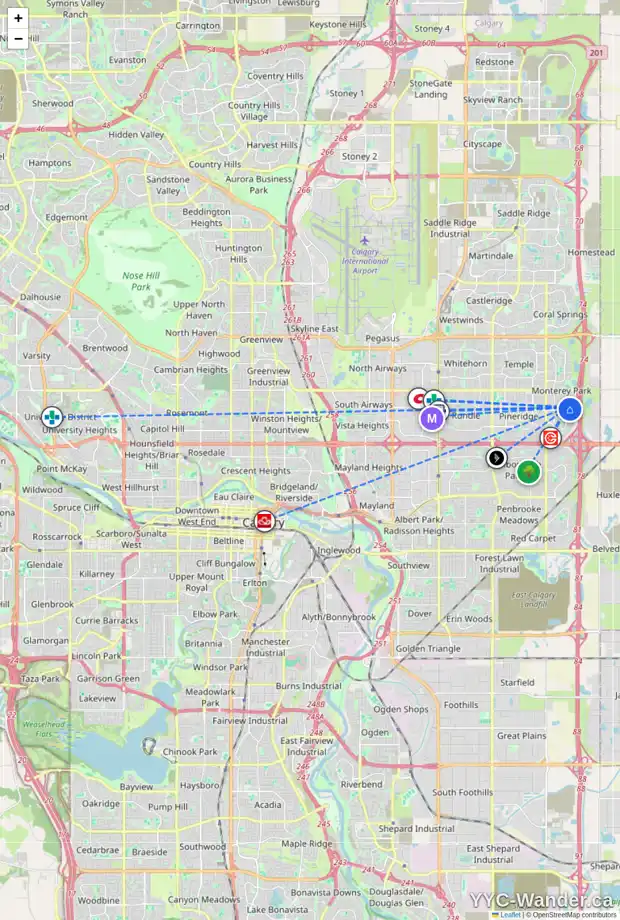 Daily accessibility map for 7269 CALIFORNIA BV NE, Calgary showing nearby schools, grocery stores, parks, LRT stations and nearby amenities