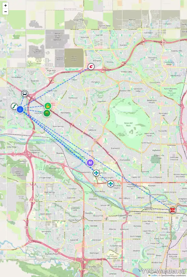 Daily accessibility map for 58 TUSCANY HILLS RD NW, Calgary showing nearby schools, grocery stores, parks, LRT stations and nearby amenities