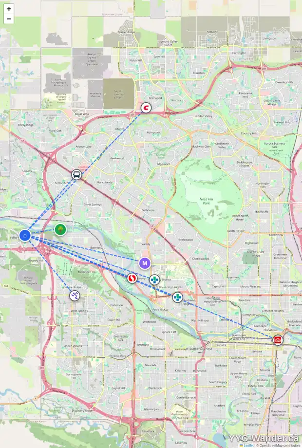 Daily accessibility map for 11006 VALLEY SPRINGS RD NW, Calgary showing nearby schools, grocery stores, parks, LRT stations and nearby amenities