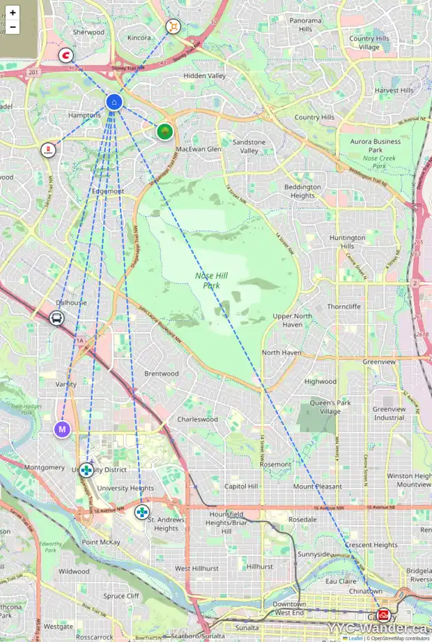 Daily accessibility map for 43 HAMPTONS LI NW, Calgary showing nearby schools, grocery stores, parks, LRT stations and nearby amenities