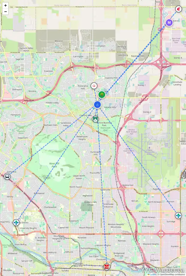 Daily accessibility map for 10 COUNTRY HILLS WY NW, Calgary showing nearby schools, grocery stores, parks, LRT stations and nearby amenities