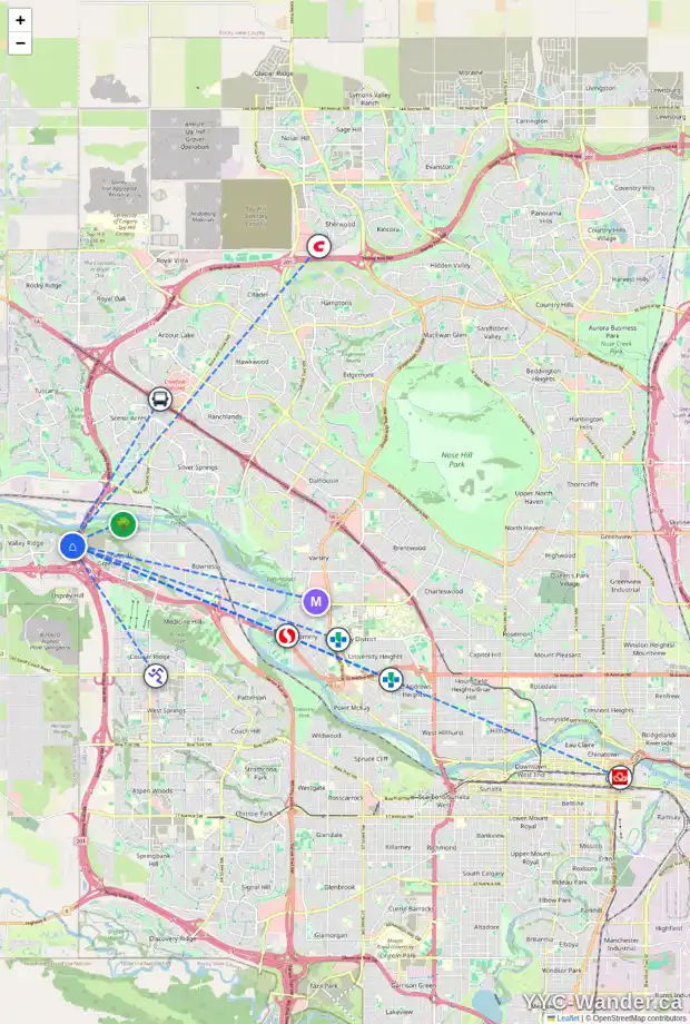 Daily accessibility map for 74 VALLEY GLEN HT NW, Calgary showing nearby schools, grocery stores, parks, LRT stations and nearby amenities
