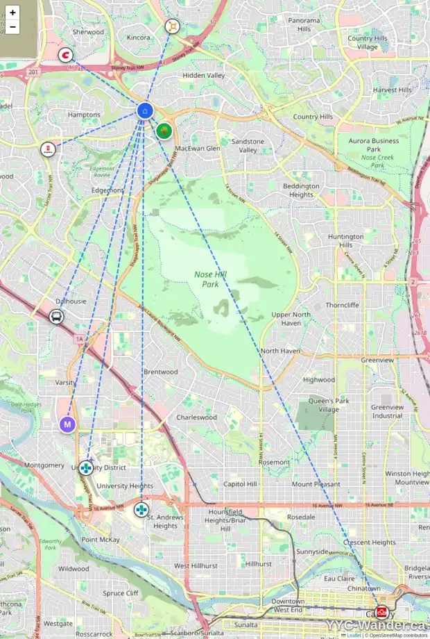 Daily accessibility map for 645 HAMPTONS DR NW, Calgary showing nearby schools, grocery stores, parks, LRT stations and nearby amenities