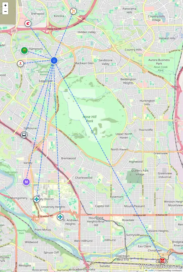 Daily accessibility map for 48 EDGERIDGE PA NW, Calgary showing nearby schools, grocery stores, parks, LRT stations and nearby amenities
