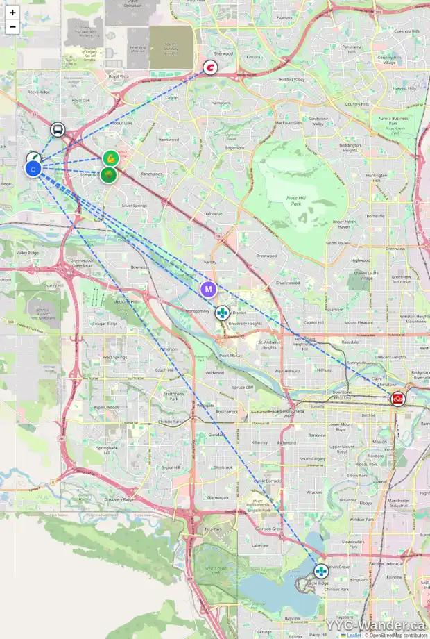Daily accessibility map for 19 TUSCANY RIDGE PA NW, Calgary showing nearby schools, grocery stores, parks, LRT stations and nearby amenities