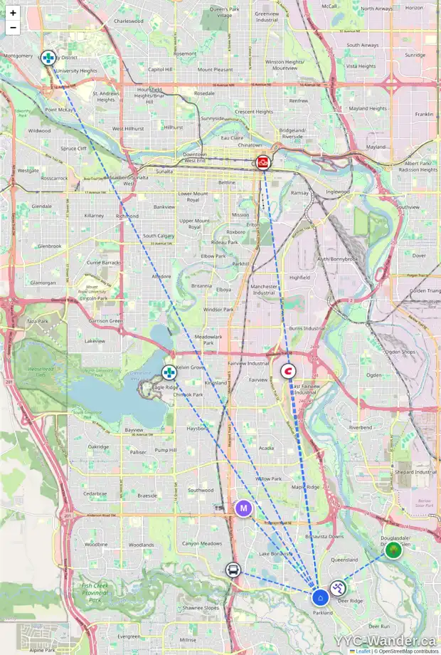 Daily accessibility map for 1035 PARKWOOD WY SE, Calgary showing nearby schools, grocery stores, parks, LRT stations and nearby amenities