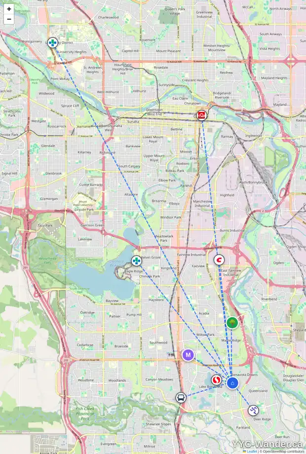 Daily accessibility map for 1019 LAKE CHRISTINA WY SE, Calgary showing nearby schools, grocery stores, parks, LRT stations and nearby amenities