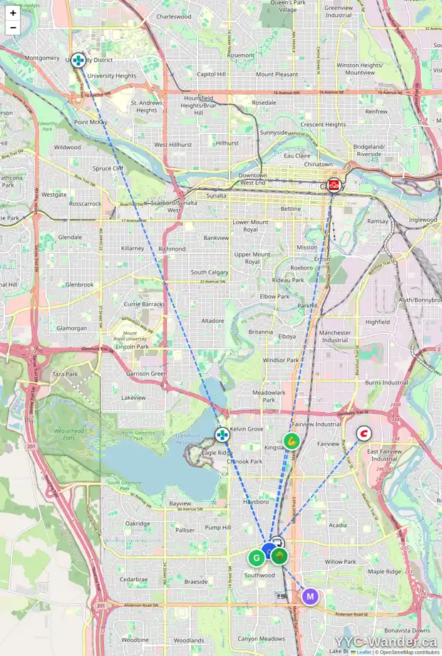 Daily accessibility map for 708 101 AV SW, Calgary showing nearby schools, grocery stores, parks, LRT stations and nearby amenities