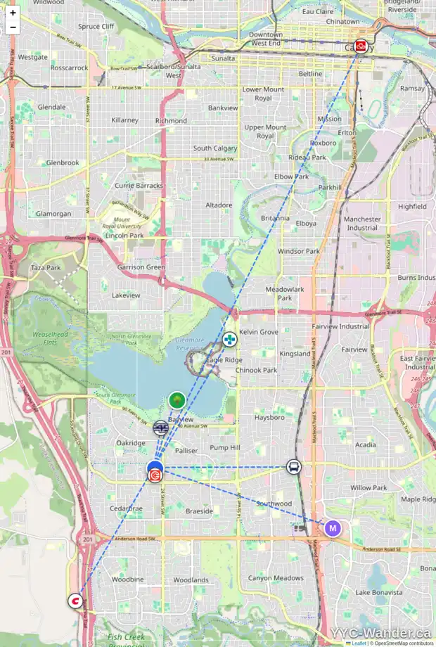 Daily accessibility map for 125 OAKTREE LN SW, Calgary showing nearby schools, grocery stores, parks, LRT stations and nearby amenities