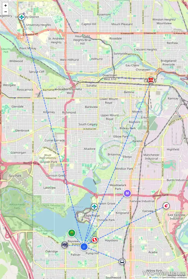 Daily accessibility map for 24 PUMP HILL LD SW, Calgary showing nearby schools, grocery stores, parks, LRT stations and nearby amenities