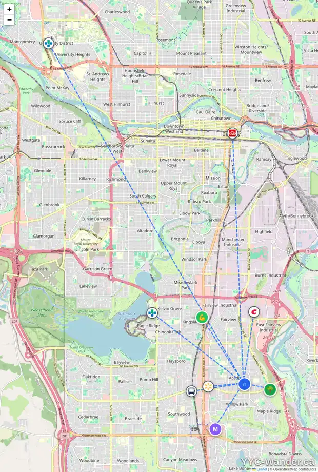 Daily accessibility map for 9543 ASSINIBOINE RD SE, Calgary showing nearby schools, grocery stores, parks, LRT stations and nearby amenities