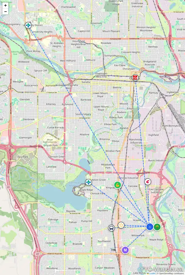 Daily accessibility map for 9811 7 ST SE, Calgary showing nearby schools, grocery stores, parks, LRT stations and nearby amenities