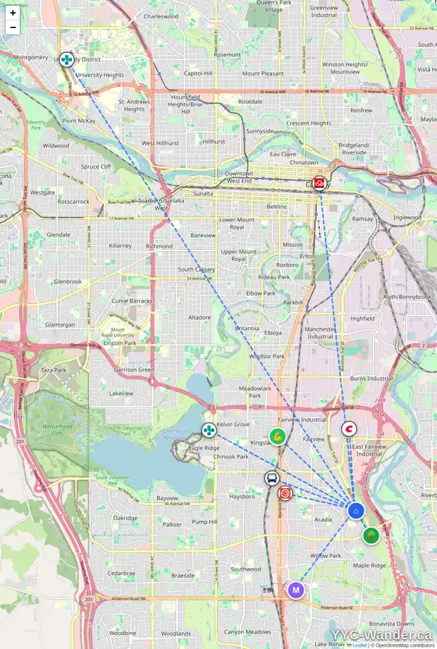 Daily accessibility map for 9323 ACADEMY DR SE, Calgary showing nearby schools, grocery stores, parks, LRT stations and nearby amenities