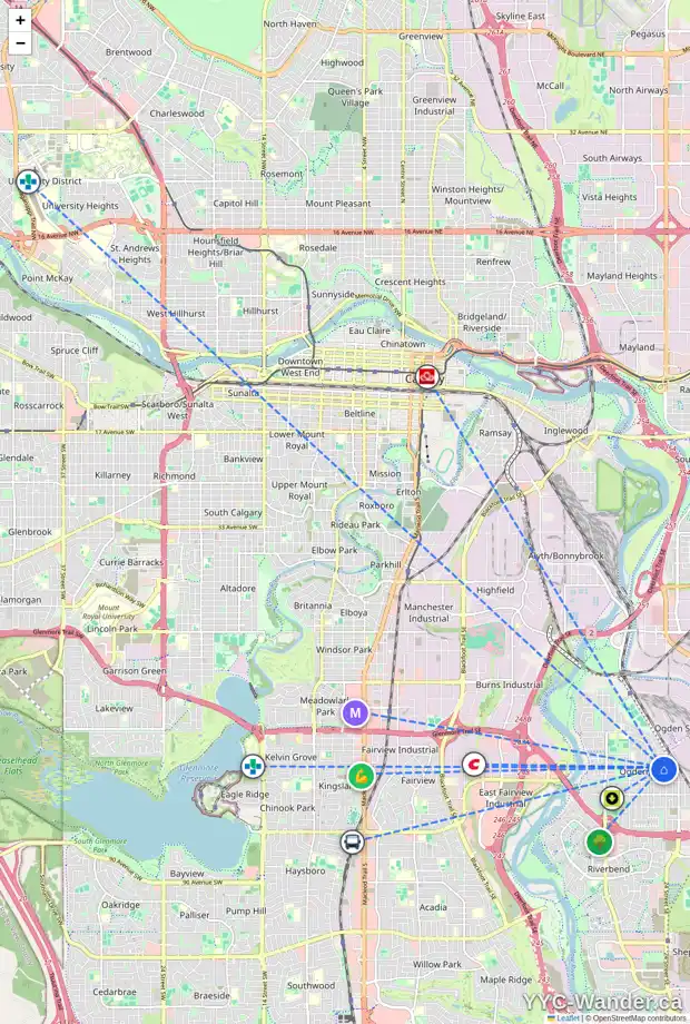 Daily accessibility map for 2456 CRESTWOOD RD SE, Calgary showing nearby schools, grocery stores, parks, LRT stations and nearby amenities