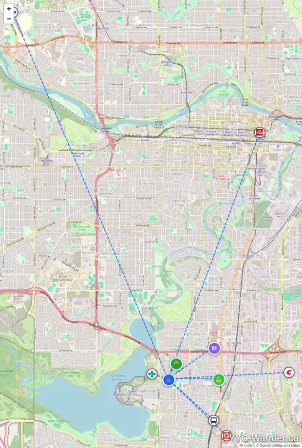 Daily accessibility map for 1303 KERWOOD CR SW, Calgary showing nearby schools, grocery stores, parks, LRT stations and nearby amenities