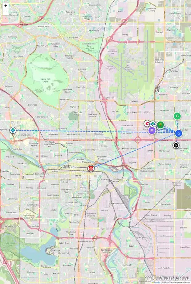 Daily accessibility map for 221 PINESET PL NE, Calgary showing nearby schools, grocery stores, parks, LRT stations and nearby amenities
