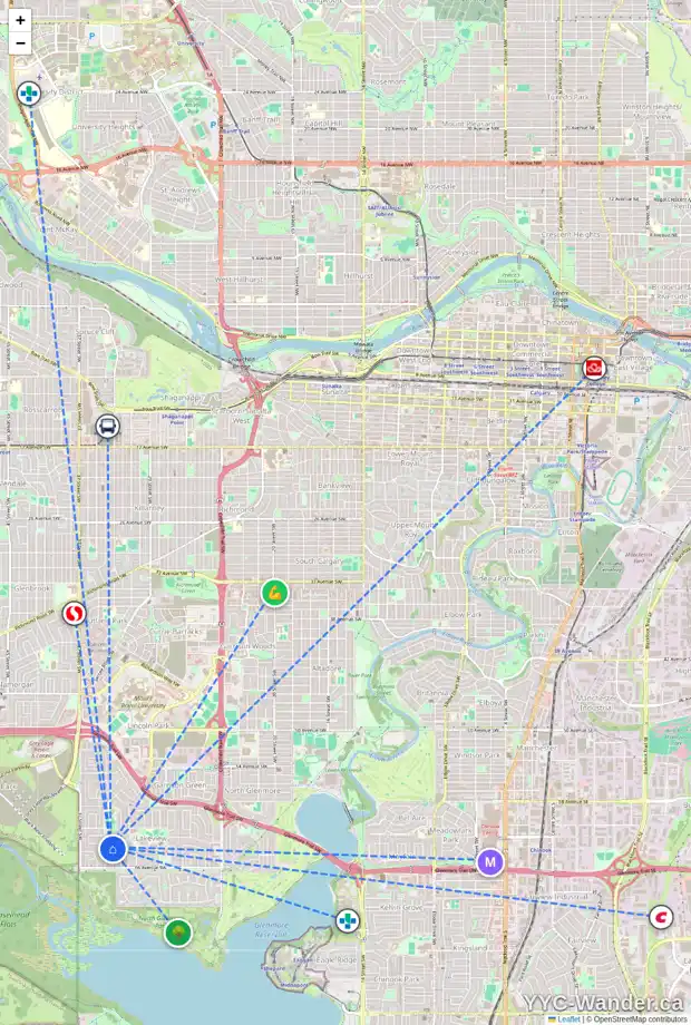 Daily accessibility map for 6504 34 ST SW, Calgary showing nearby schools, grocery stores, parks, LRT stations and nearby amenities