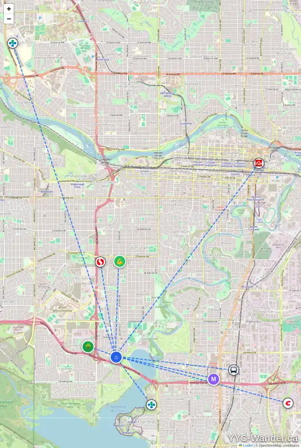 Daily accessibility map for 2124 LINCOLN DR SW, Calgary showing nearby schools, grocery stores, parks, LRT stations and nearby amenities