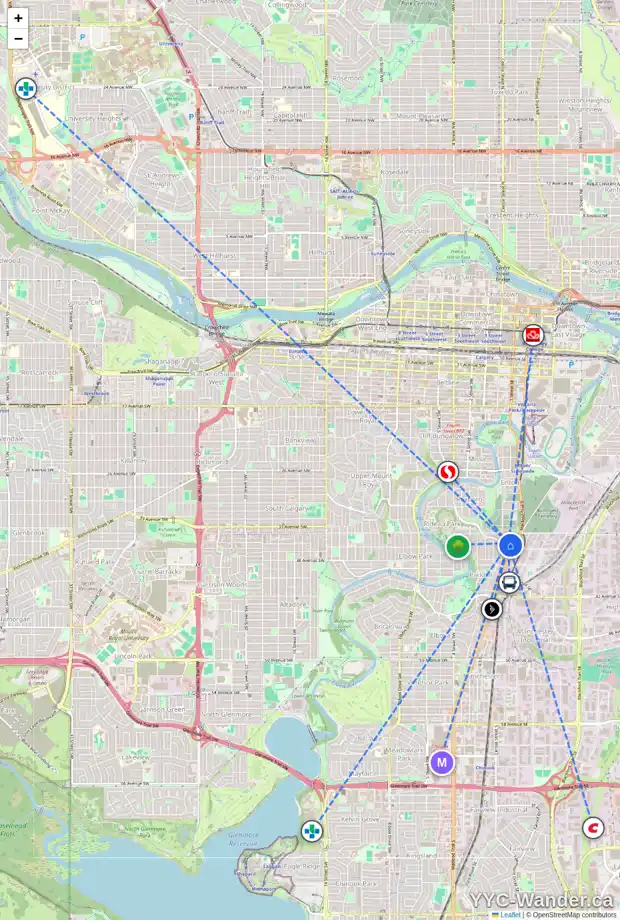 Daily accessibility map for 30 MISSION RD SW, Calgary showing nearby schools, grocery stores, parks, LRT stations and nearby amenities