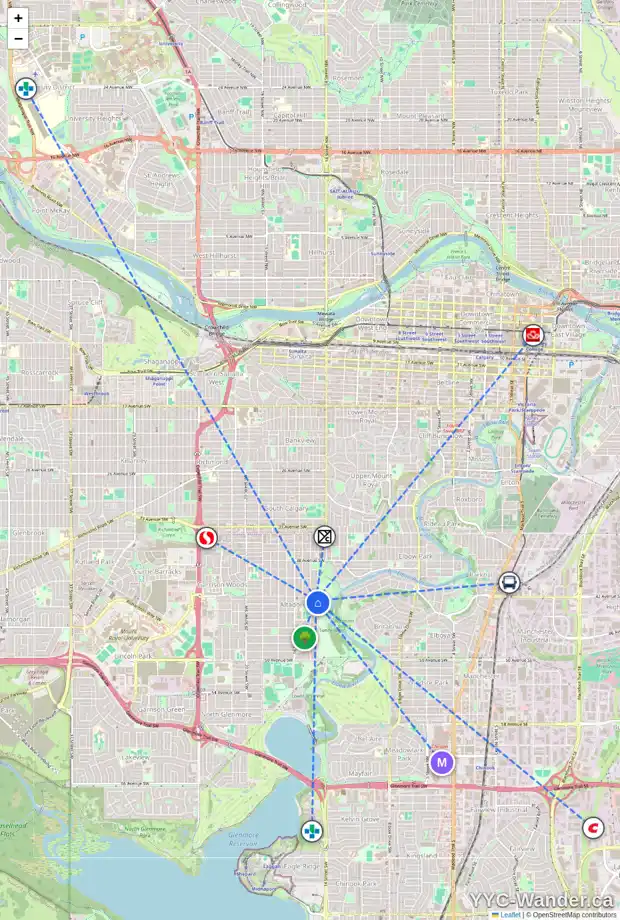 Daily accessibility map for 4311 14A ST SW, Calgary showing nearby schools, grocery stores, parks, LRT stations and nearby amenities