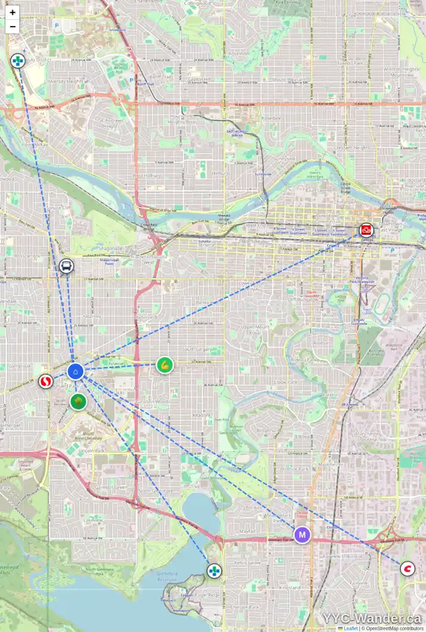 Daily accessibility map for 3332 35 AV SW, Calgary showing nearby schools, grocery stores, parks, LRT stations and nearby amenities