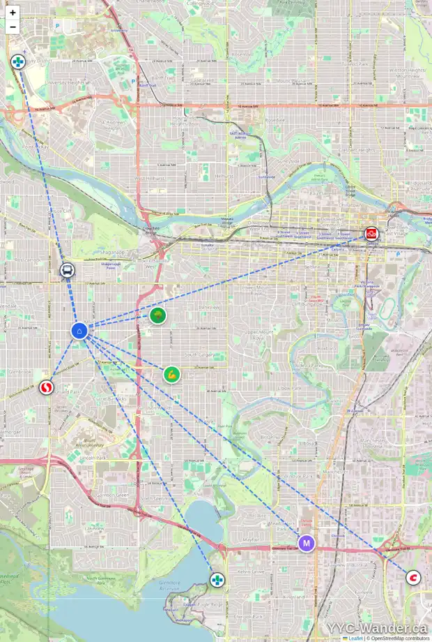 Daily accessibility map for 3216 26 AV SW, Calgary showing nearby schools, grocery stores, parks, LRT stations and nearby amenities