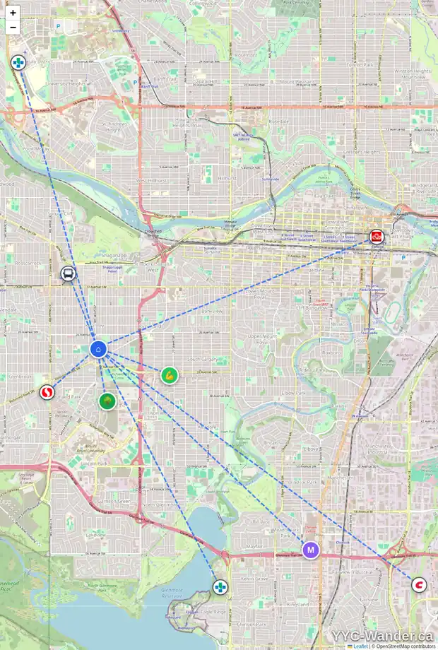 Daily accessibility map for 3016 29 ST SW, Calgary showing nearby schools, grocery stores, parks, LRT stations and nearby amenities