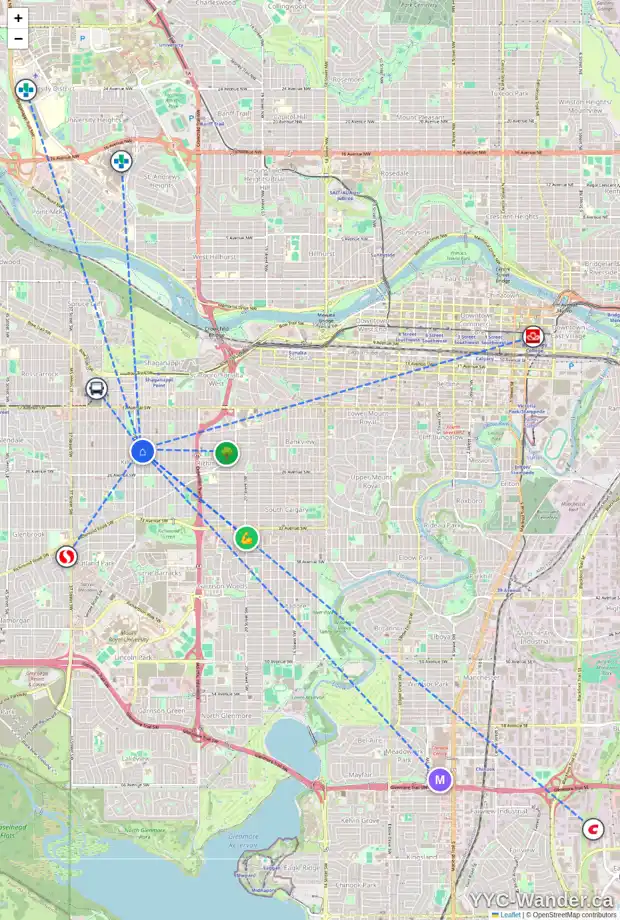 Daily accessibility map for 3 2401 28 ST SW, Calgary showing nearby schools, grocery stores, parks, LRT stations and nearby amenities
