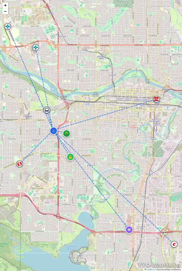 Daily accessibility map for 2227 25 ST SW, Calgary showing nearby schools, grocery stores, parks, LRT stations and nearby amenities