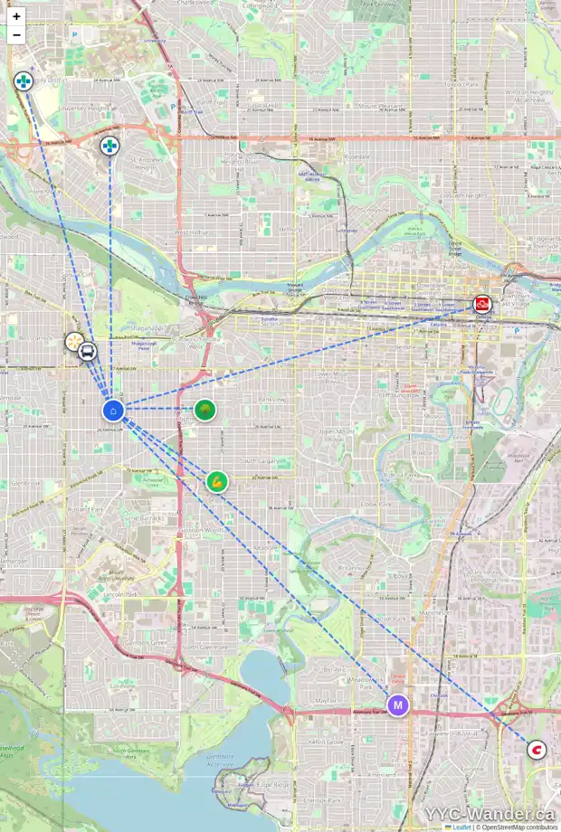 Daily accessibility map for 2411 30 ST SW, Calgary showing nearby schools, grocery stores, parks, LRT stations and nearby amenities