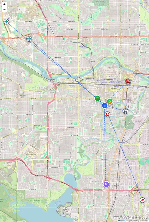 Daily accessibility map for 615 ROYAL AV SW, Calgary showing nearby schools, grocery stores, parks, LRT stations and nearby amenities